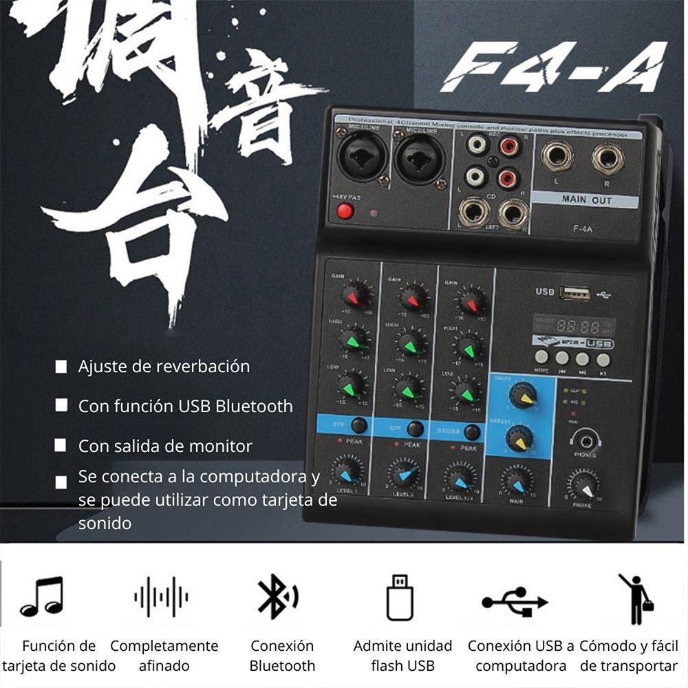 CONSOLA MEZCLADORA DE AUDIO PROFESIONAL F-4A 4 CANALES BLUETOOTH USB PHANTOM +48V TARJETA DE SONIDO – SANTOFA ELECTRONICS S2256 - 7