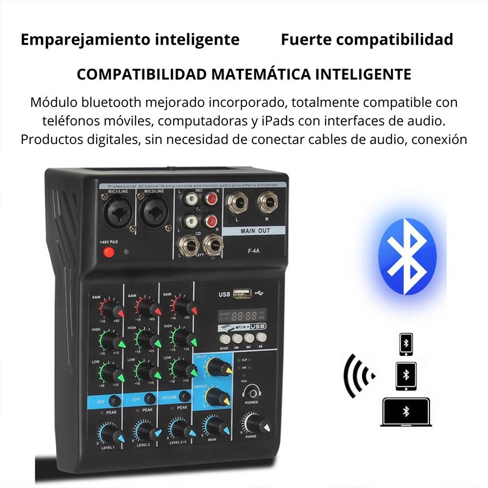 CONSOLA MEZCLADORA DE AUDIO PROFESIONAL F-4A 4 CANALES BLUETOOTH USB PHANTOM +48V TARJETA DE SONIDO – SANTOFA ELECTRONICS S2256 - 9