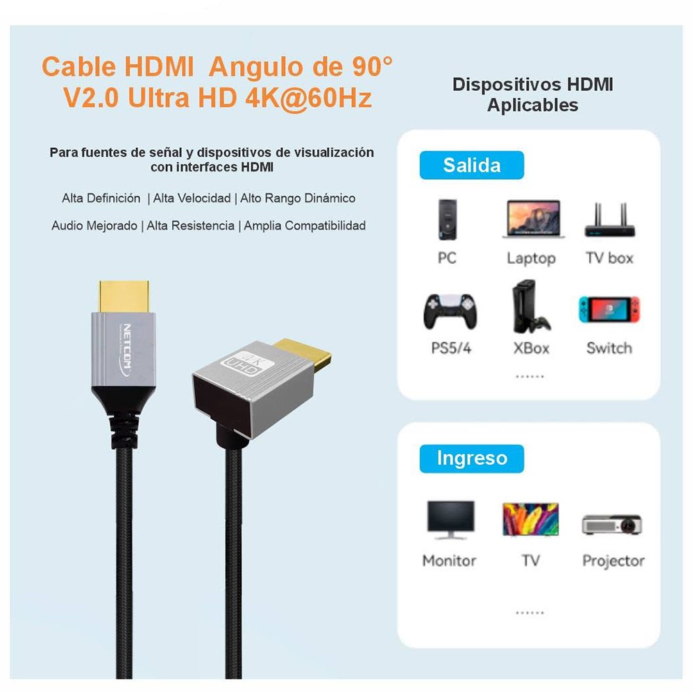 CABLE HDMI 2.0 NETCOM 90° 1.80M 4K 60HZ 18GBPS HDR ARC TRIPLE BLINDAJE TRENZADO –  SANTOFA ELECTRONICS S2259 - 5
