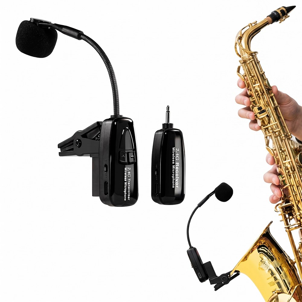 MICRÓFONO INALÁMBRICO 2.4G PARA SAXOFÓN E INSTRUMENTOS DE VIENTO 30M CLIP RECARGABLE JACK 6.35MM – SANTOFA ELECTRONICS  S2262 - 2
