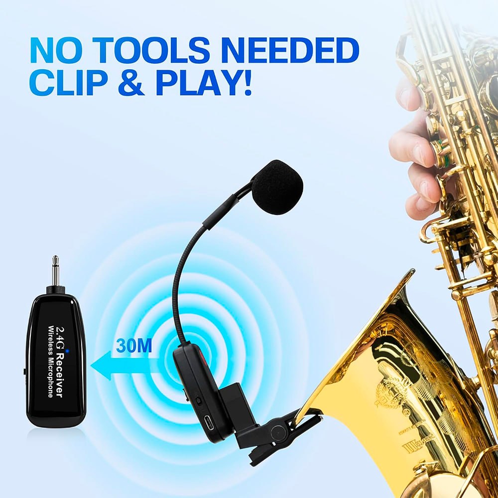 MICRÓFONO INALÁMBRICO 2.4G PARA SAXOFÓN E INSTRUMENTOS DE VIENTO 30M CLIP RECARGABLE JACK 6.35MM – SANTOFA ELECTRONICS  S2262 - 6