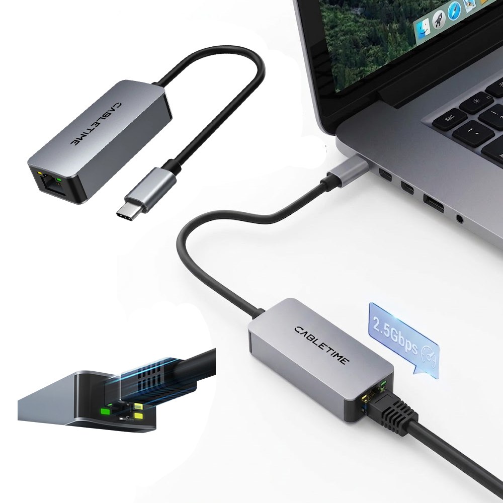 ADAPTADOR USB-C A ETHERNET RJ45 2.5G CABLETIME 2500MBPS GIGABIT ALUMINIO PLUG Y PLAY – CB57G SANTOFA ELECTRONICS S2264 - 3