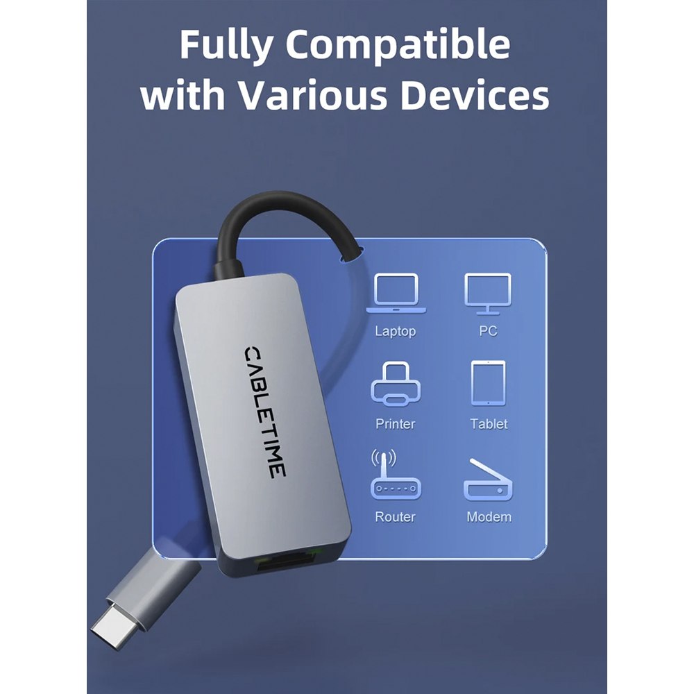 ADAPTADOR USB-C A ETHERNET RJ45 2.5G CABLETIME 2500MBPS GIGABIT ALUMINIO PLUG Y PLAY – CB57G SANTOFA ELECTRONICS S2264 - 4
