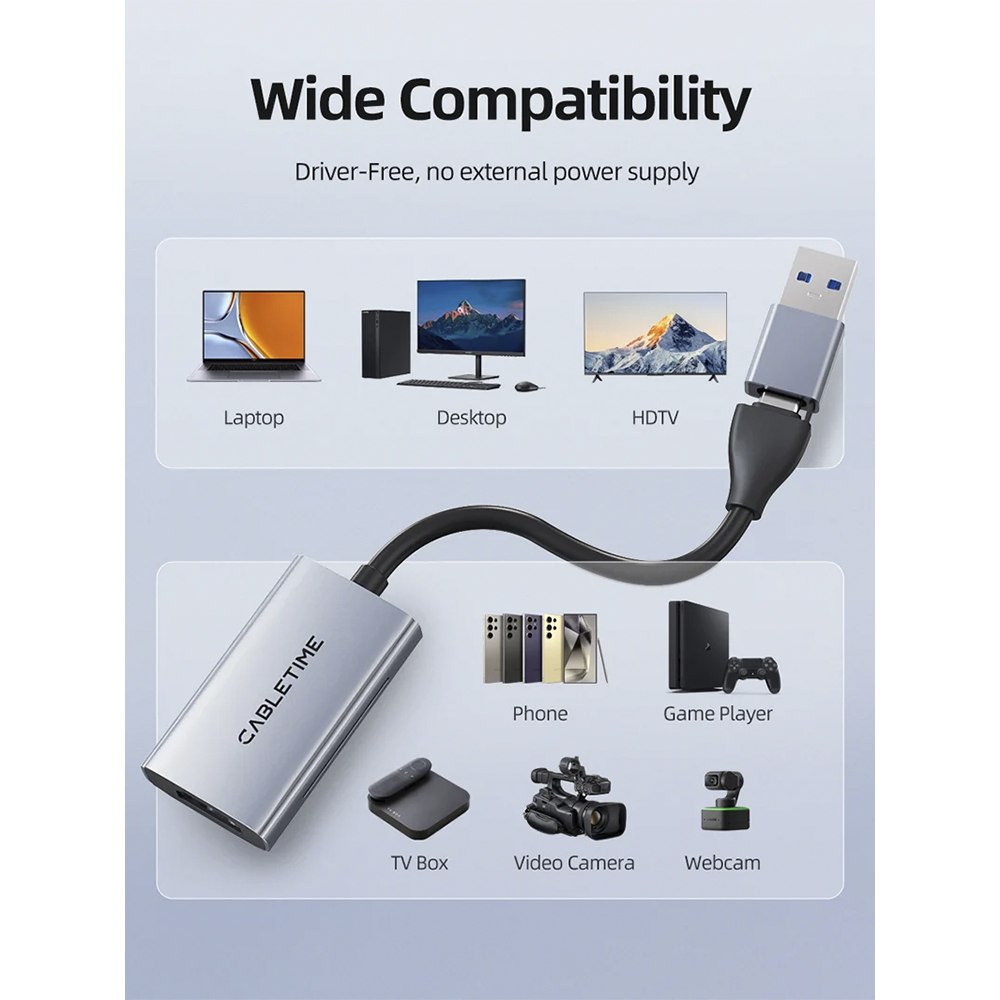 CAPTURADORA DE VIDEO HDMI A USB 3.0 / USB-C CABLETIME 4K 30HZ 1080P 60FPS OBS STREAMING – CB65G S2265 - 3