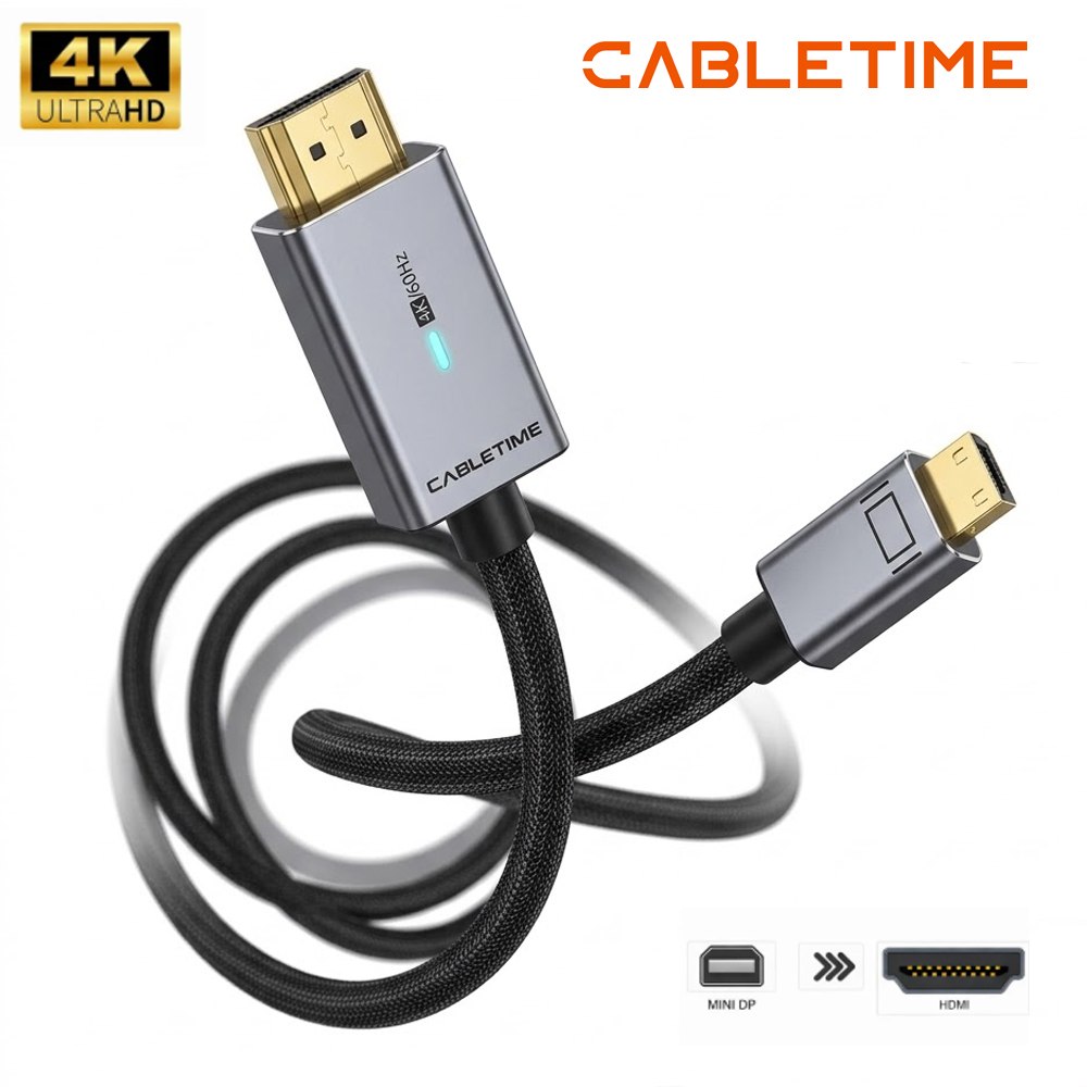 CABLE MINI DISPLAYPORT A HDMI CABLETIME 1.8M 4K 60HZ LED INDICADOR NYLON TRENZADO BAÑADO EN ORO CD45K SANTOFA ELECTRONICS S2280 - 3