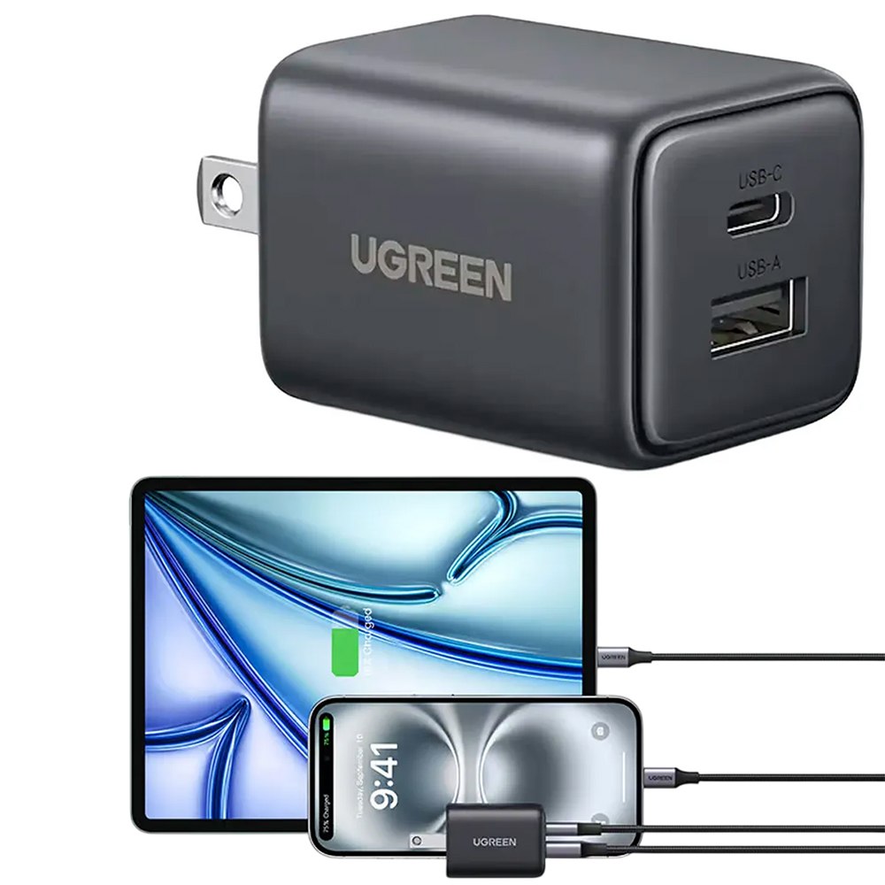CARGADOR DE PARED UGREEN 20W GAN DUAL USB-C Y USB-A PD QC 3.0 CLAVIJA PLEGABLE 55533 SANTOFA ELECTRONICS S2288 - 7