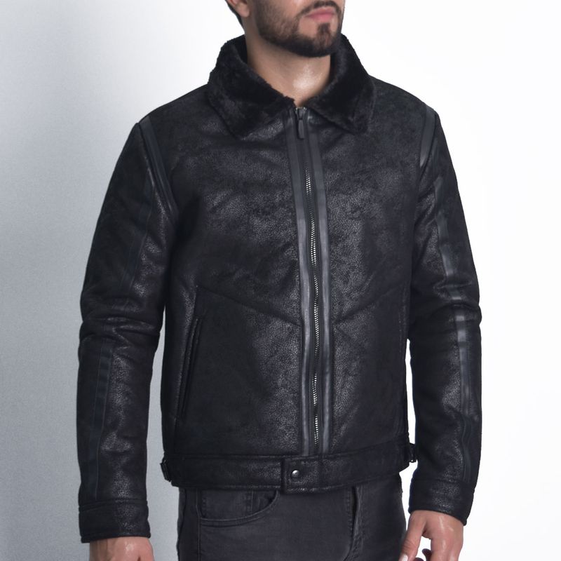 CASACA ECOCUERO CRAQUELADO CUELLO CONVERTIBLE PERFECT FIT ESTILO BIKER SG - 1
