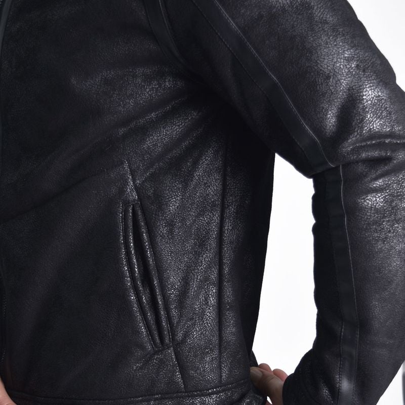CASACA ECOCUERO CRAQUELADO CUELLO CONVERTIBLE PERFECT FIT ESTILO BIKER SG - 3