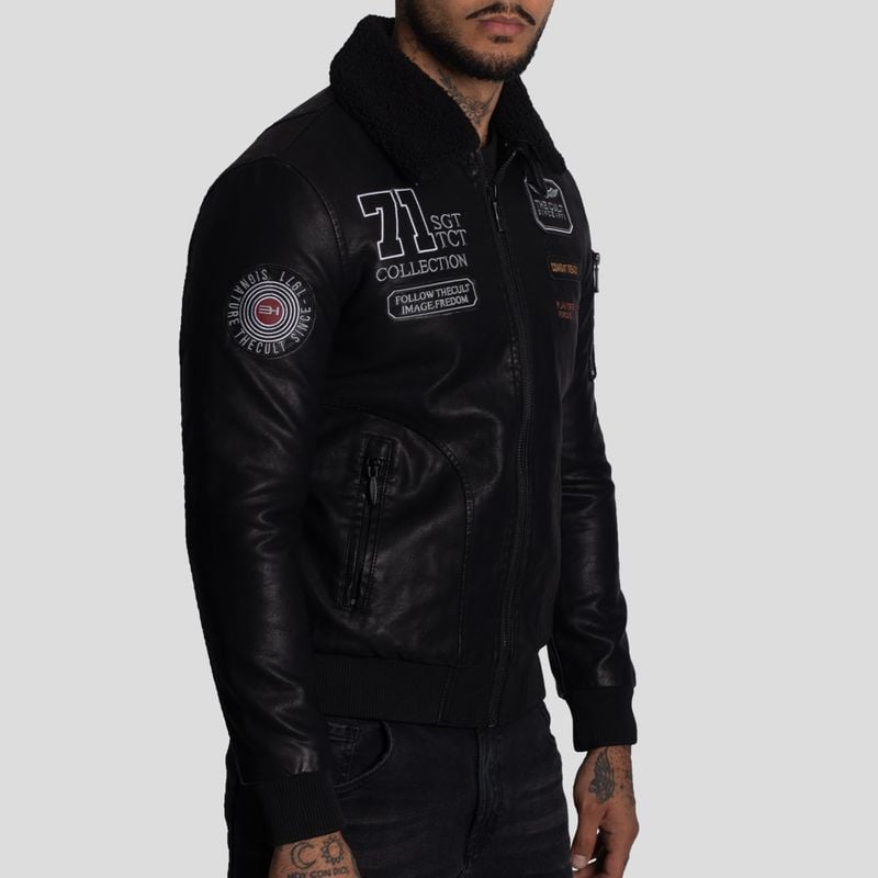 CASACA AVIADOR EN ECO CUERO CON CUELLO DE PIEL DE BORREGO CONVERTIBLE-IDEAL PARA CLIMAS FRIOS - 1