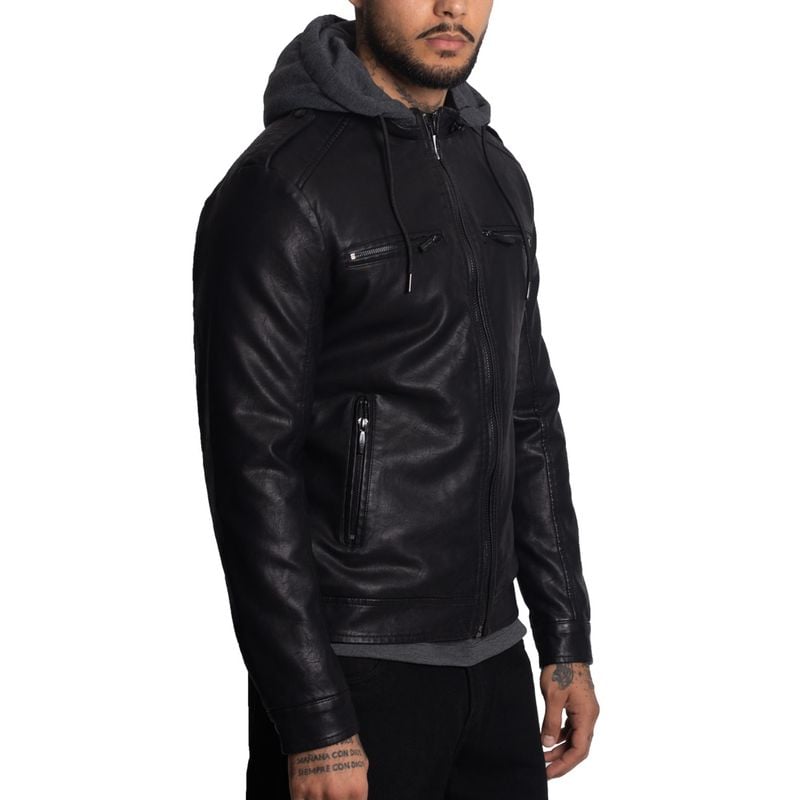 CASACA BIKER EN ECO-CUERO CON CAPUCHA CONVERTIBLE CON CIERRE– IDEAL PARA CLIMAS FRIOS - 2