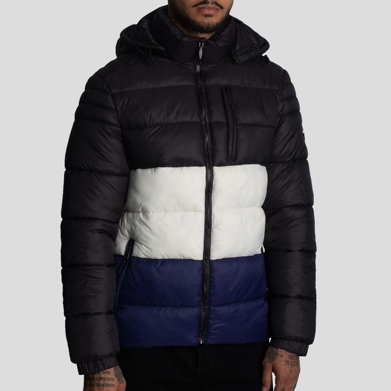 CASACA PUFFER TRICOLOR-REPELENTE AL AGUA Y CORTAVIENTO CON CAPUCHA CONVERTIBLE CON CIERRE - 1