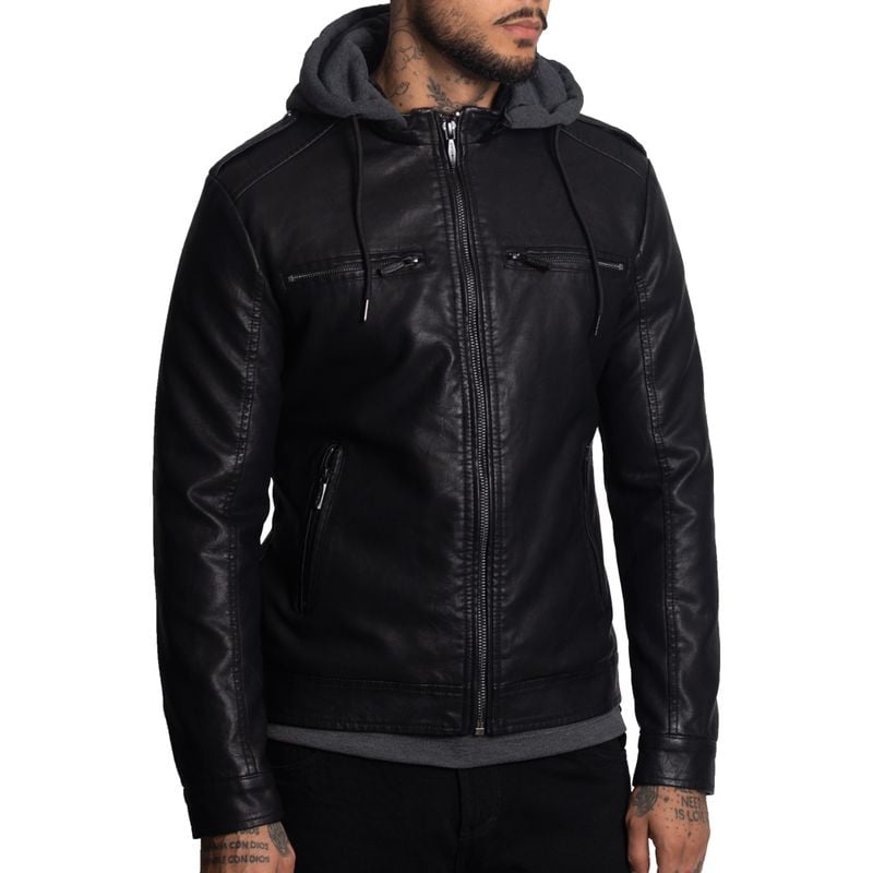 CASACA BIKER EN ECO-CUERO CON CAPUCHA CONVERTIBLE CON CIERRE– IDEAL PARA CLIMAS FRIOS - 1