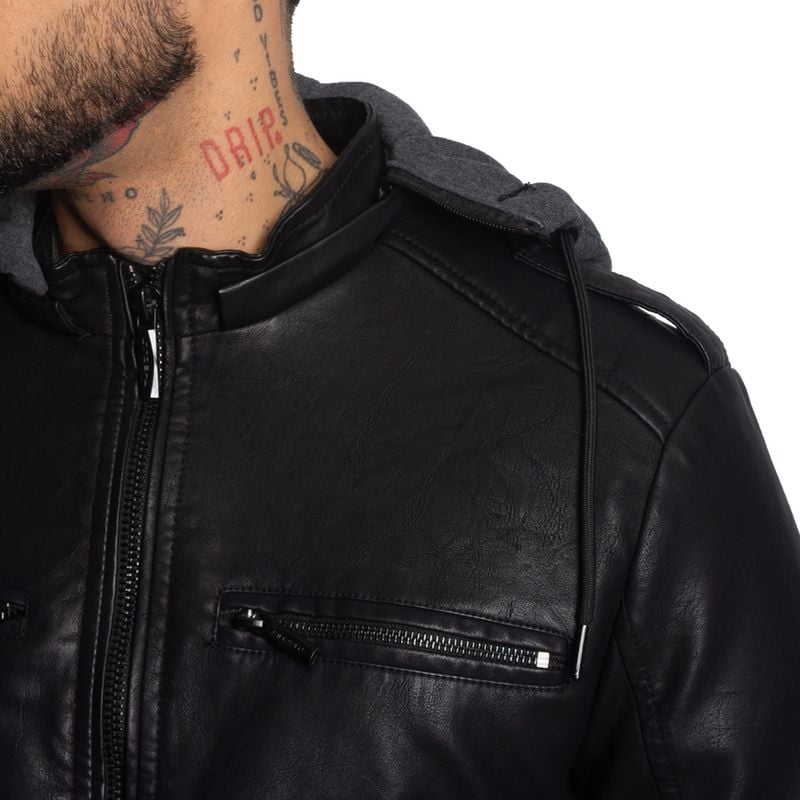 CASACA BIKER EN ECO-CUERO CON CAPUCHA CONVERTIBLE CON CIERRE– IDEAL PARA CLIMAS FRIOS - 4
