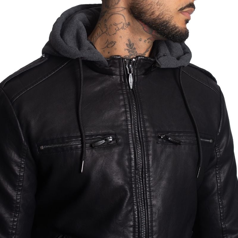CASACA BIKER EN ECO-CUERO CON CAPUCHA CONVERTIBLE CON CIERRE– IDEAL PARA CLIMAS FRIOS - 3