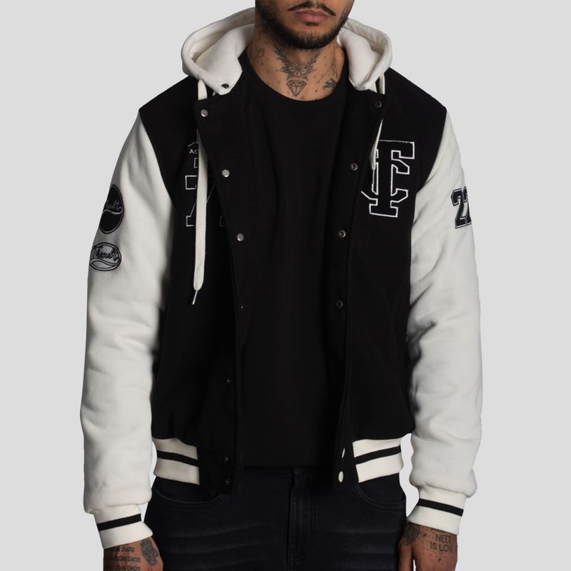 CASACA VARSITY CON CAPUCHA CONVERTIBLE -MEZCLA DE PAÑO CON MANGAS DE ALGODÓN EN CONTRASTE - 1