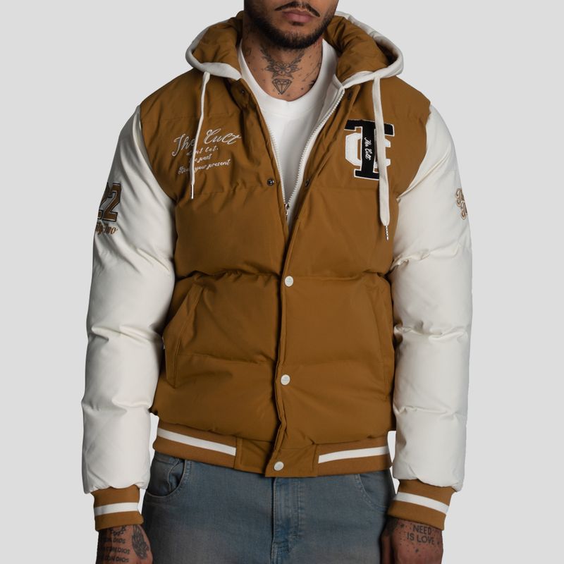 CASACA VARSITY PUFFER BLOCK COLOR CON CAPUCHA-REPELENTE AL AGUA - CORTAVIENTO Y BORDADO EN CONTRASTE - 1