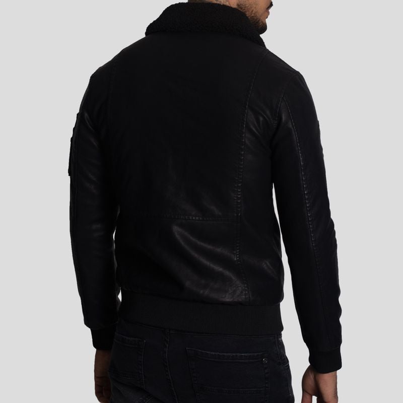 CASACA AVIADOR EN ECO CUERO CON CUELLO DE PIEL DE BORREGO CONVERTIBLE-IDEAL PARA CLIMAS FRIOS - 2