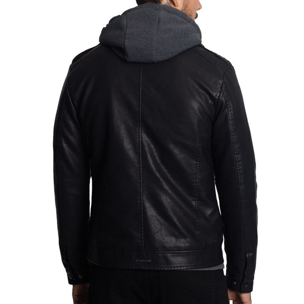 CASACA BIKER EN ECO-CUERO CON CAPUCHA CONVERTIBLE CON CIERRE IDEAL PARA CLIMAS FRIOS - 2