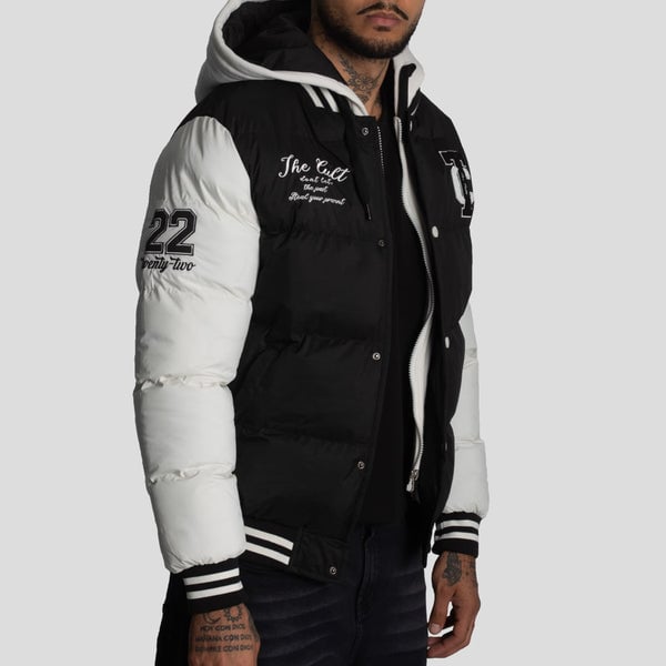 CASACA VARSITY PUFFER BLOCK COLOR CON CAPUCHA-REPELENTE AL AGUA - CORTAVIENTO Y BORDADO EN CONTRASTE - 1