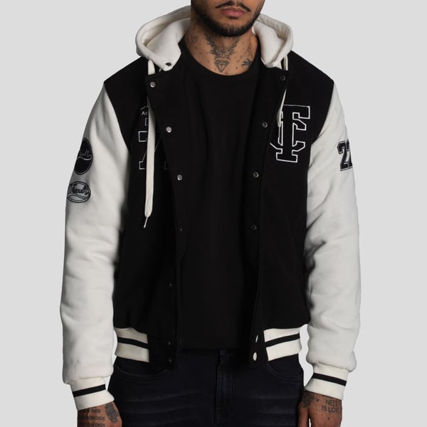 CASACA VARSITY CON CAPUCHA CONVERTIBLE -MEZCLA DE PAÑO CON MANGAS DE ALGODÓN EN CONTRASTE - 1