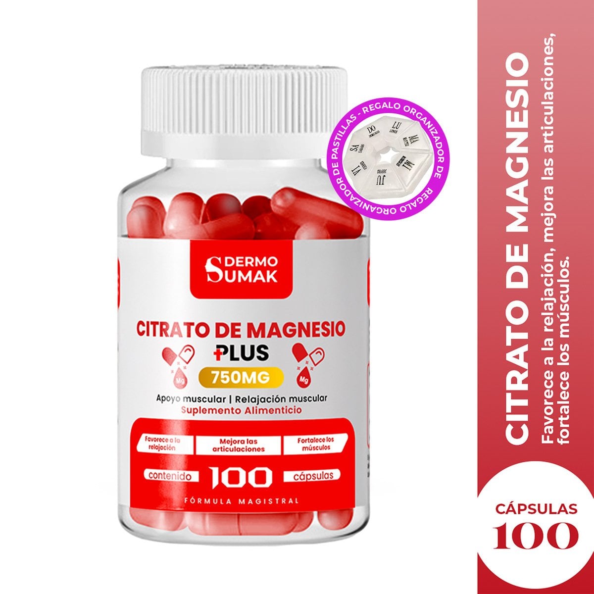 CITRATO DE MAGNESIO 100MG -100 CAP - DERMO SUMAK + PASTILLERO - 1