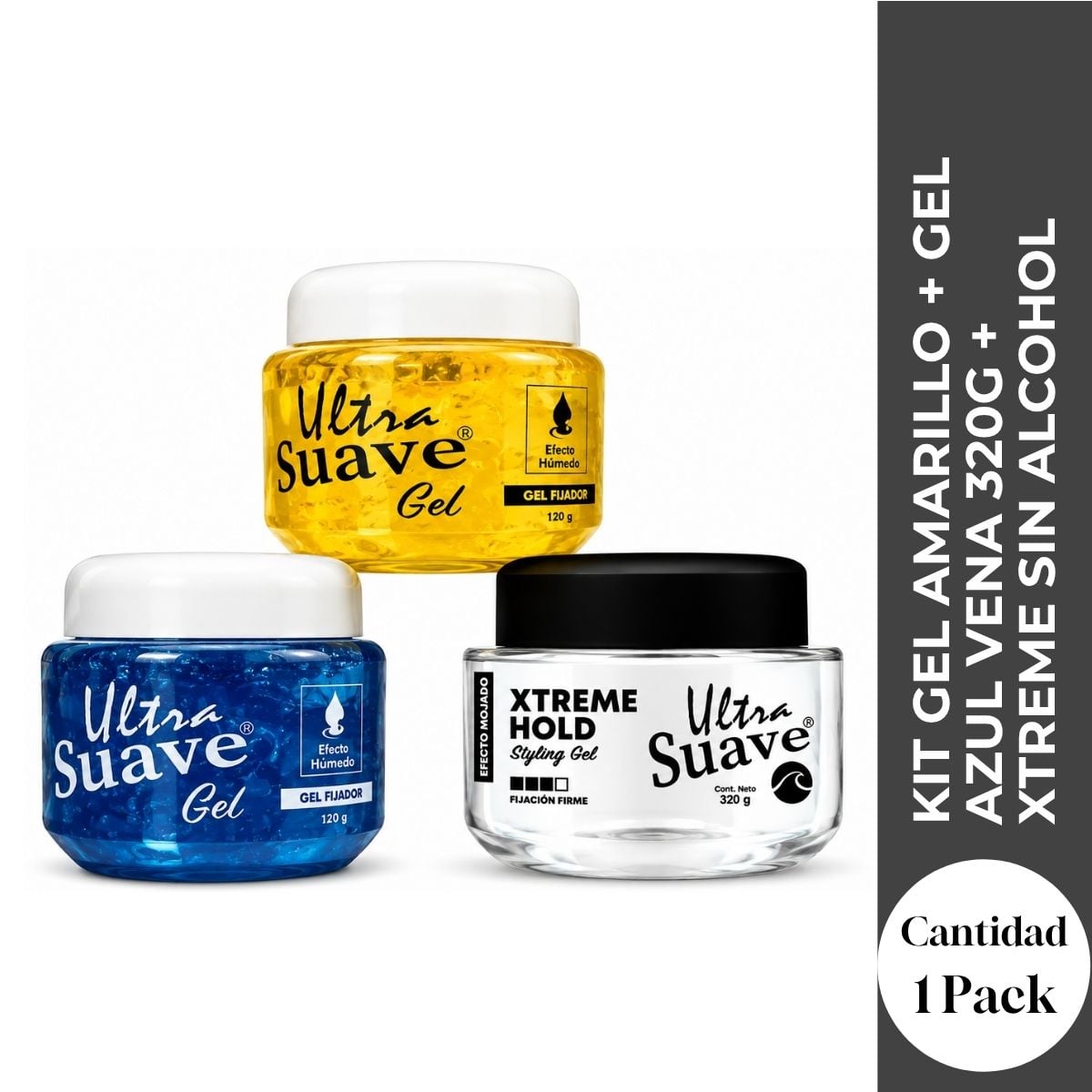 KIT GEL AMARILLO + GEL AZUL VENA 320G + XTREME SIN ALCOHOL - FIJACION TOTAL CAPILAR - 1