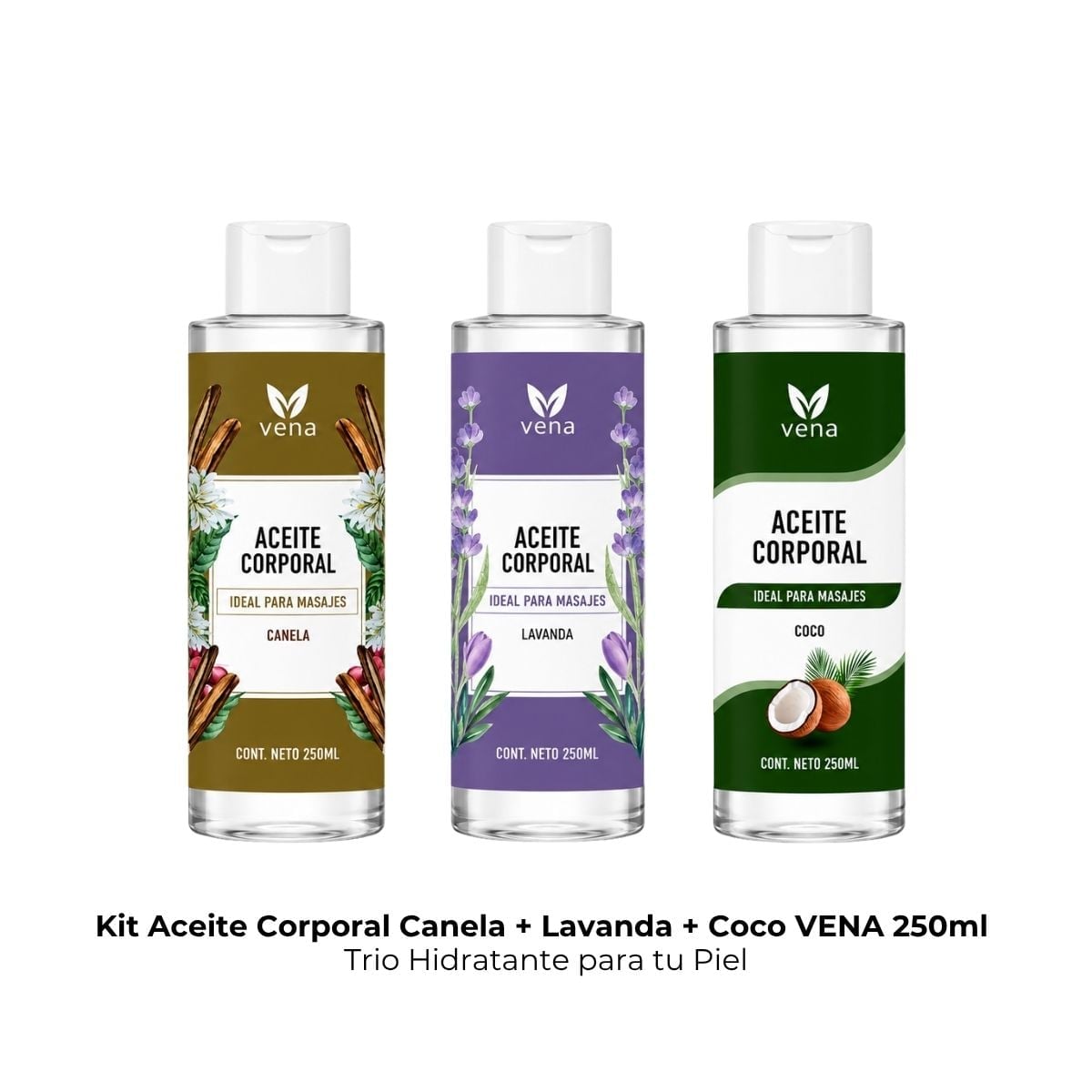 KIT ACEITE CORPORAL CANELA + LAVANDA + COCO VENA 250ML - TRIO HIDRATANTE PARA TU PIEL - 1