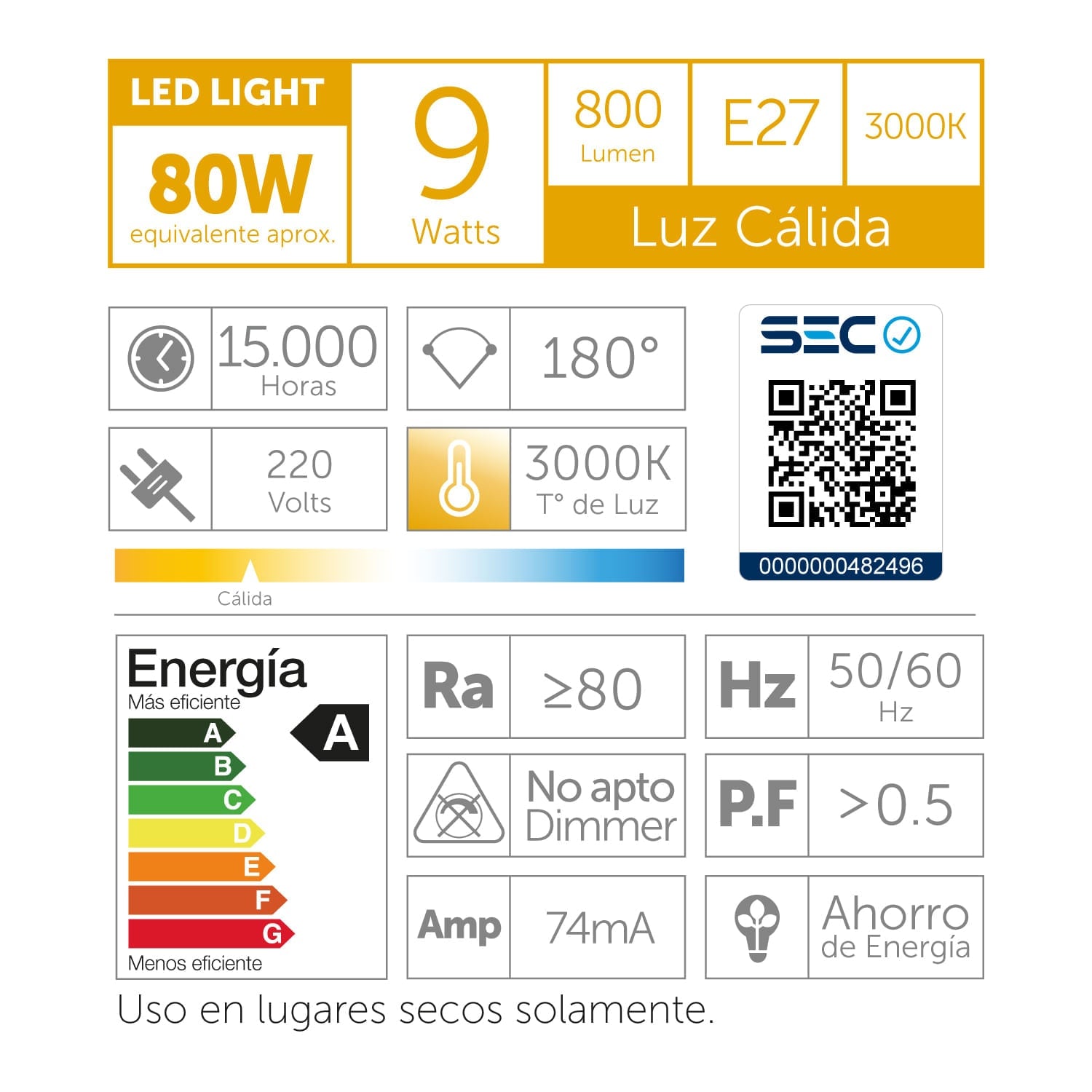 FOCO LED A60 / E27 / 9W LUZ CALIDA - 3