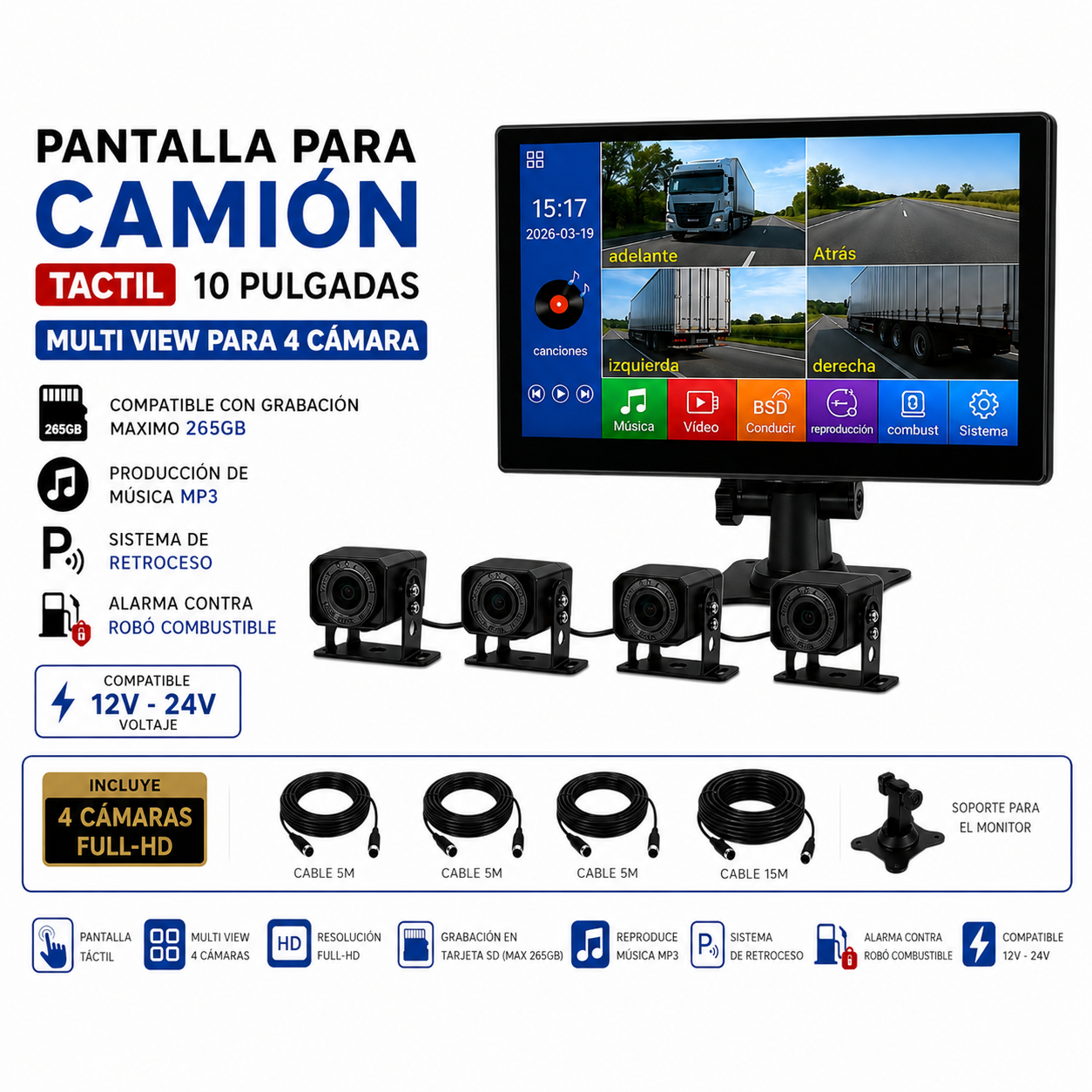KIT DE RETROCESO PARA CAMION 12V A 24V - PANTALLA 10' - 4 CAMARAS AHD - 3