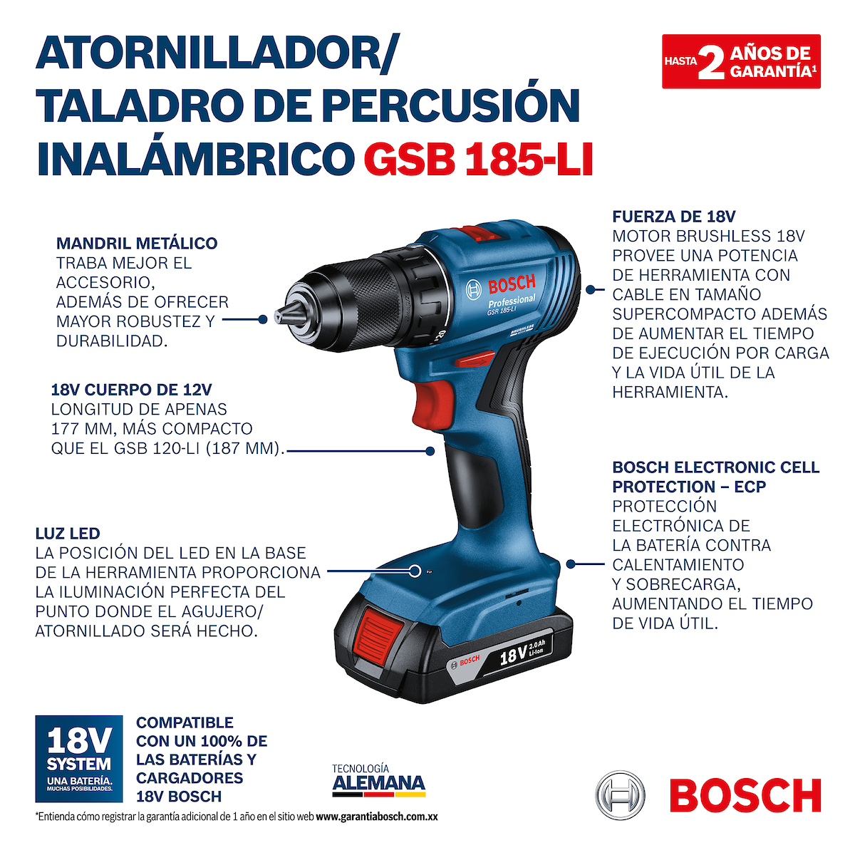 TALADRO PERCUTOR 1/2'' 18V BRUSHLESS + 2BAT BOSCH GSB 185-LI - 4