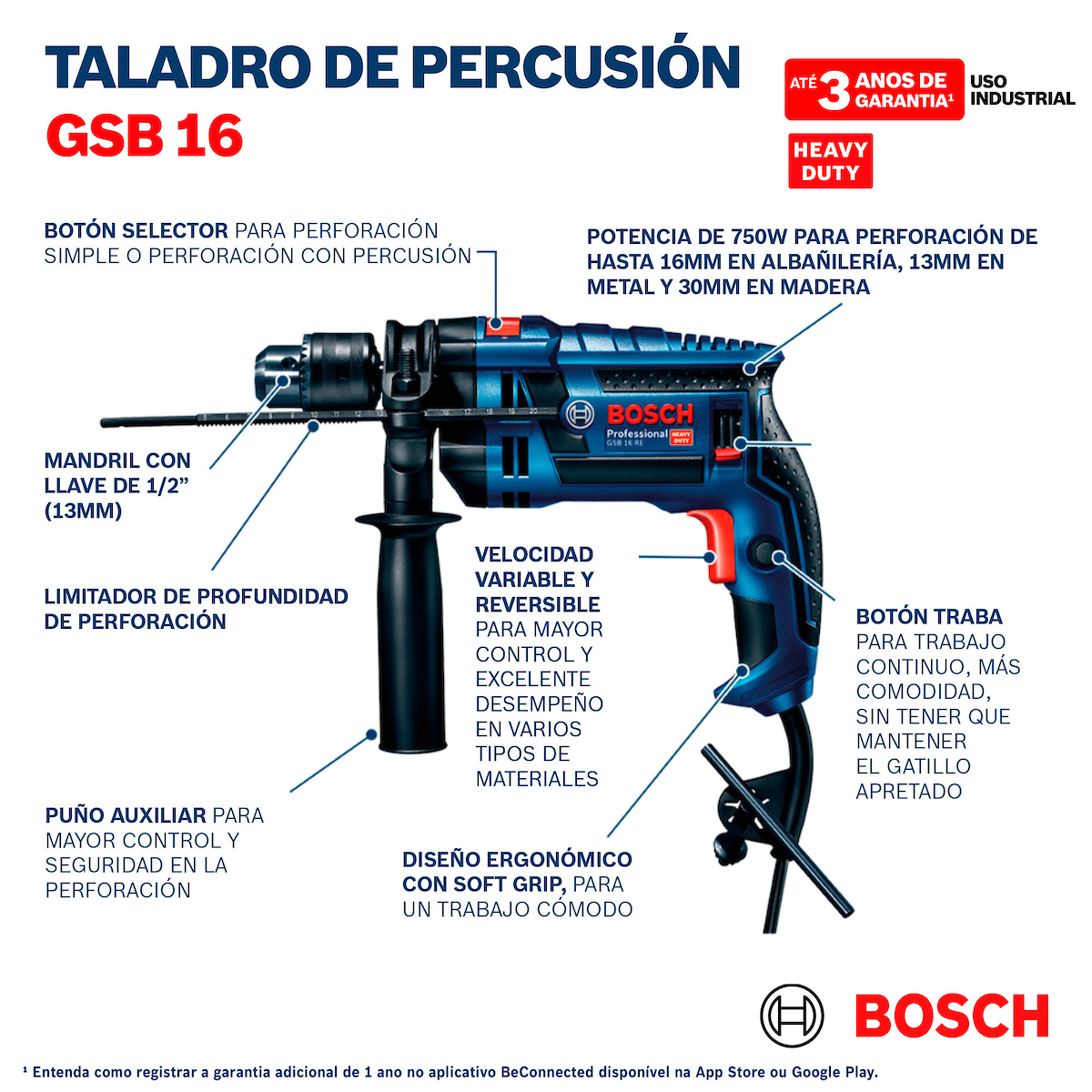 TALADRO PERCUTOR 1/2'' 13 MM 750W + MALETA BOSCH GSB 16 RE - 8