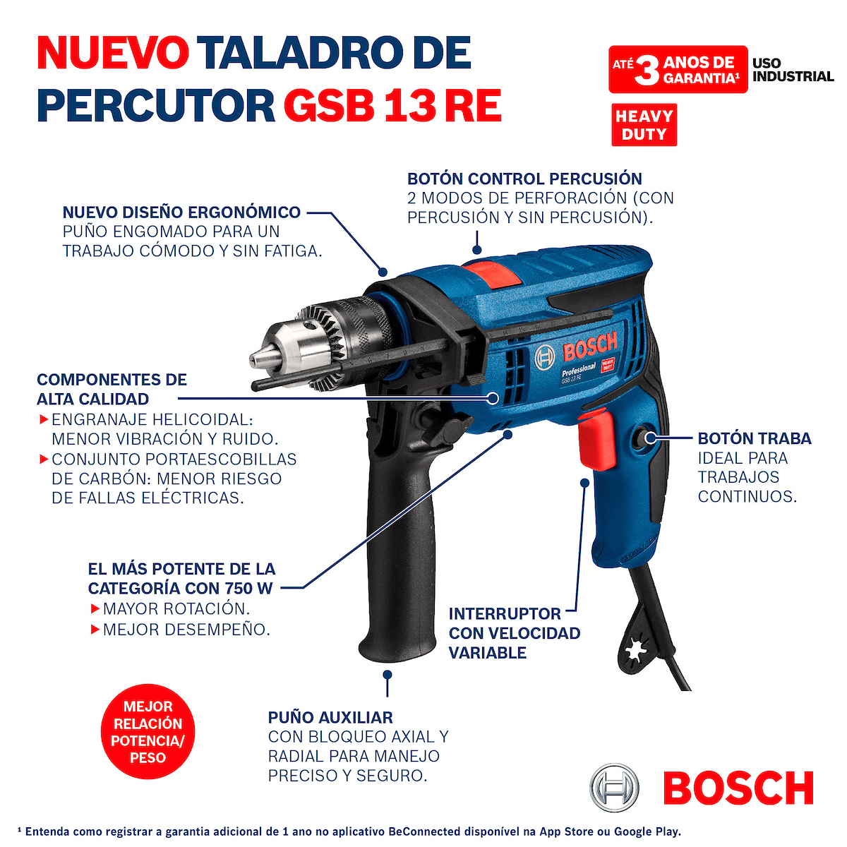 TALADRO PERCUTOR 1/2'' 650W BOSCH GSB 13 RE + SET DE 23 PZ - 3