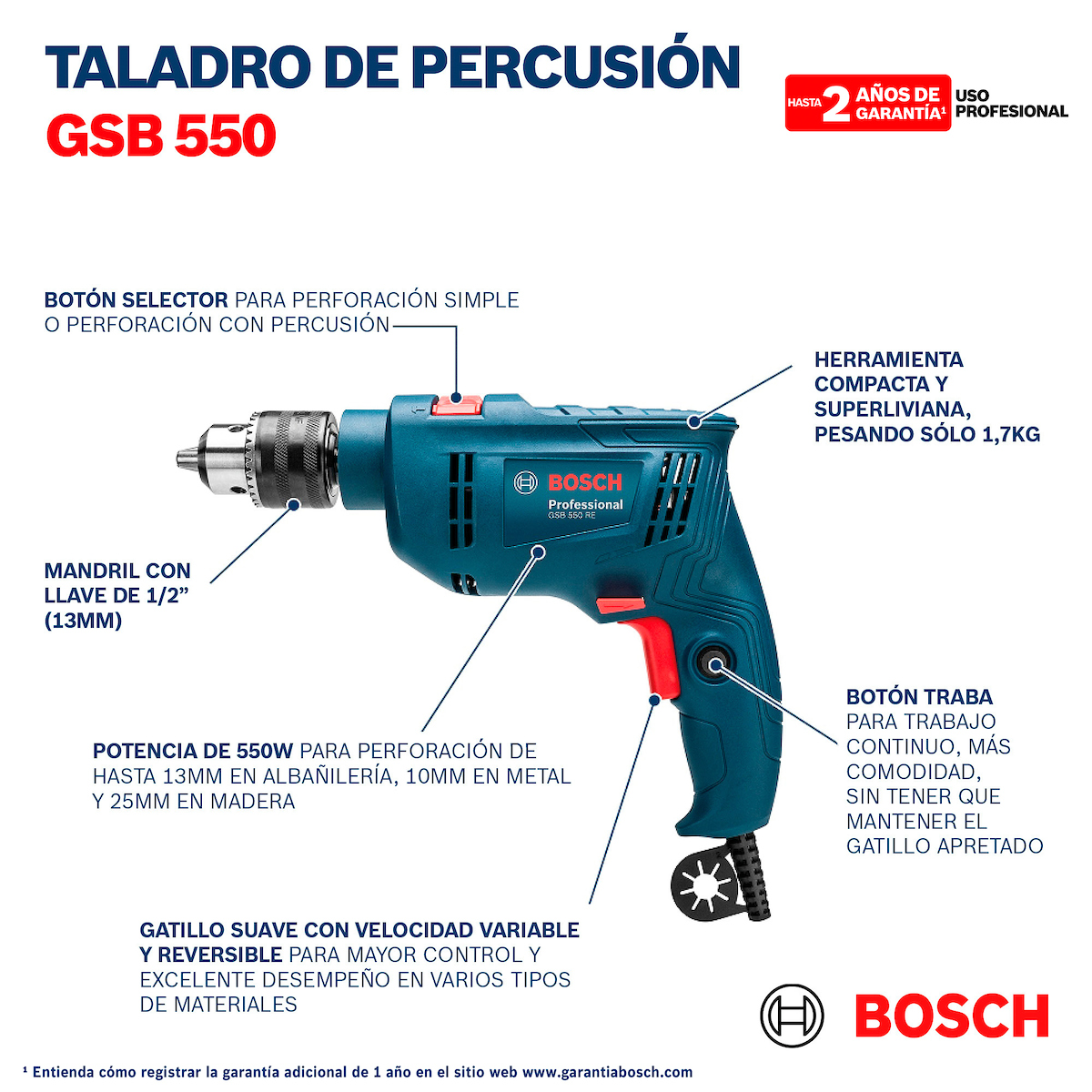 TALADRO PERCUTOR 1/2'' (13MM) 550W BOSCH GSB 550 RE - 7