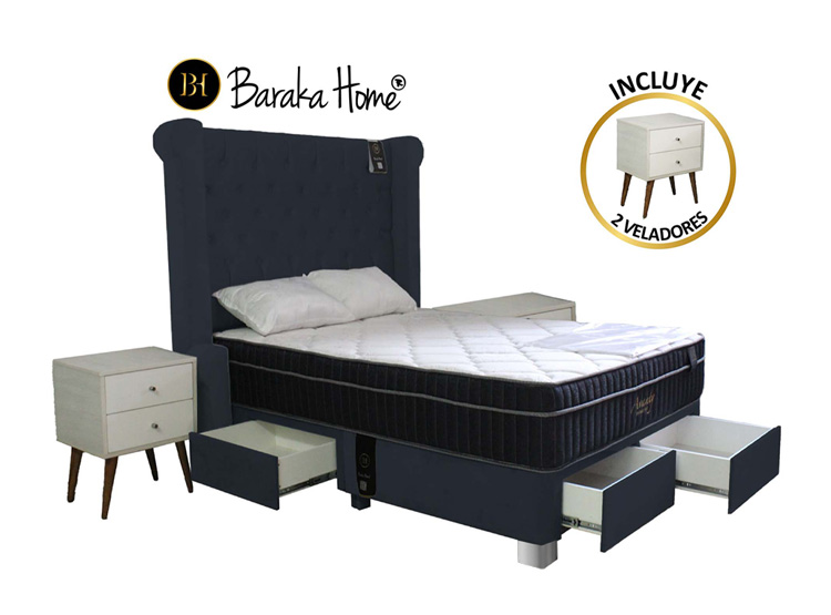 DORMITORIO BARAKA HOME POCKET VIP 1.5 PLAZAS 4 CAJONES + CABECERA ODESA + 2 VELADORES VINTAGE - 2