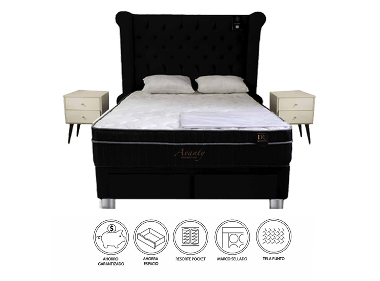 DORMITORIO BARAKA HOME POCKET VIP 2 PLAZAS 4 CAJONES + CABECERA ODESA + 2 VELADORES VINTAGE - 1