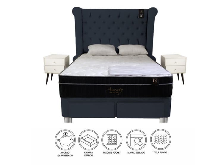 DORMITORIO BARAKA HOME POCKET VIP 2 PLAZAS 4 CAJONES + CABECERA ODESA + 2 VELADORES VINTAGE - 1