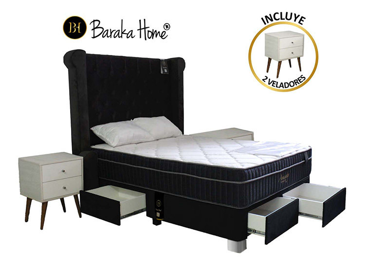 DORMITORIO BARAKA HOME POCKET VIP 2 PLAZAS 4 CAJONES + CABECERA ODESA + 2 VELADORES VINTAGE - 2