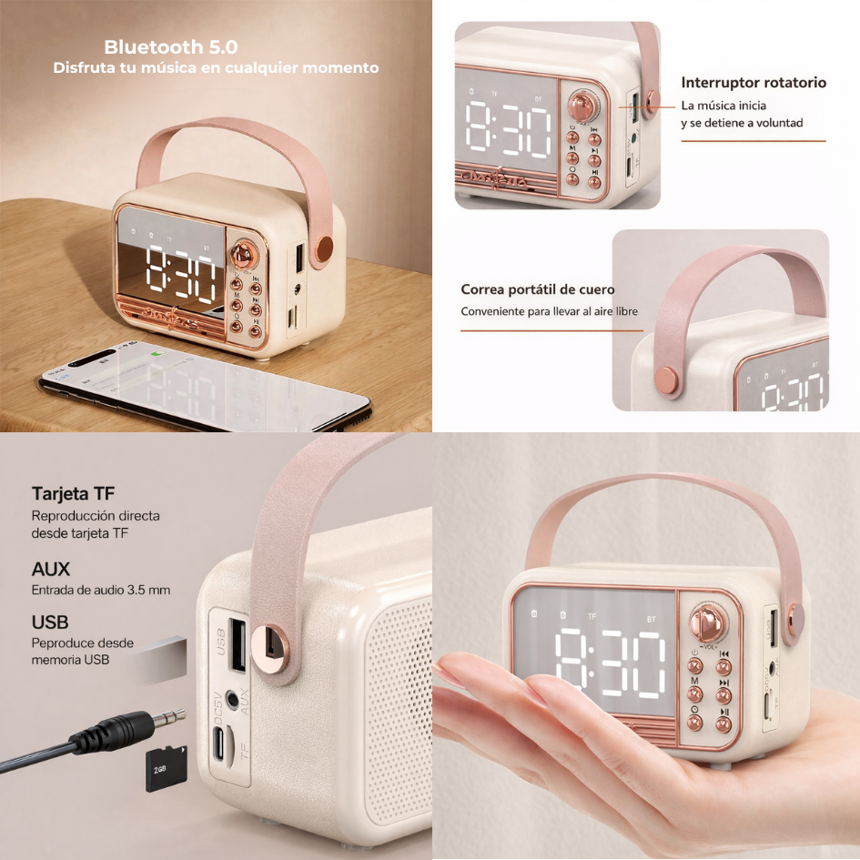 RELOJ DE ESCRITORIO DIGITAL ESTILO RETRO MINI RADIO BLUETOOTH - 7