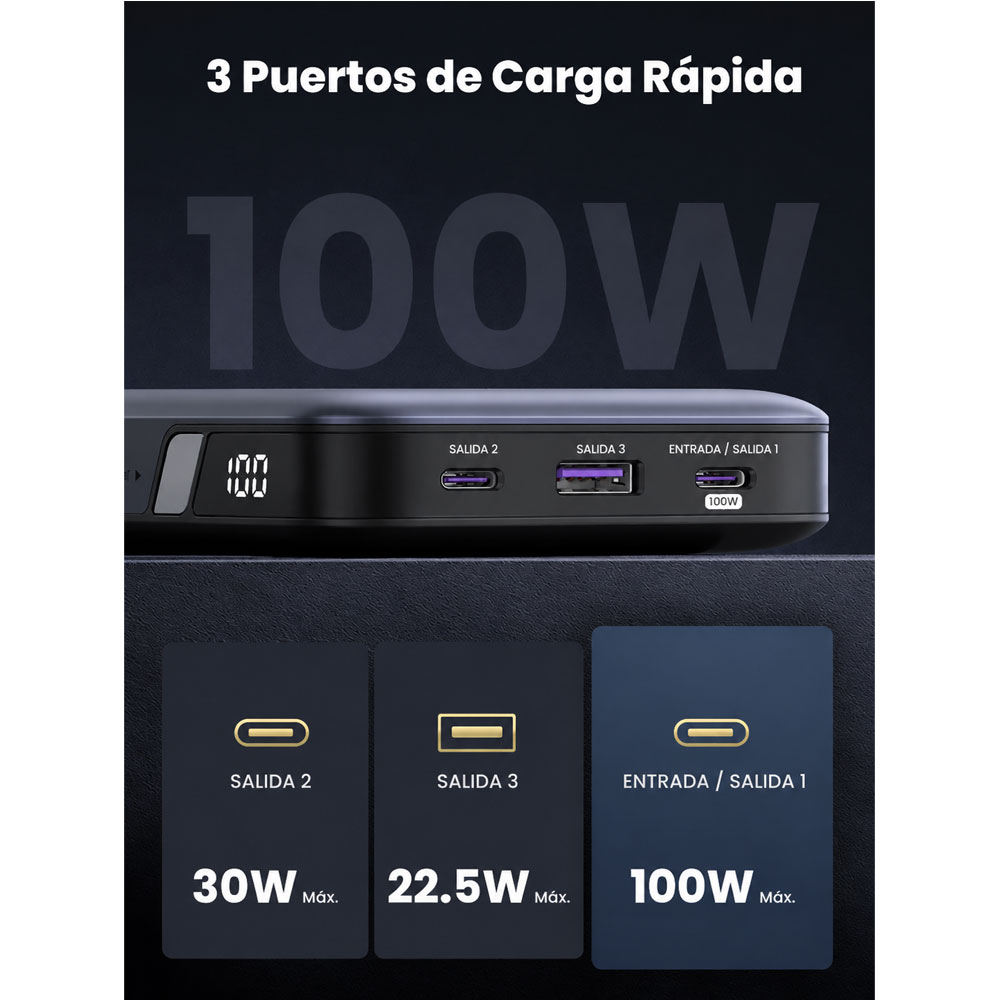 POWERBANK UGREEN 20,000MAH 100W FAST CHARGING MODELO: PB720 - 3