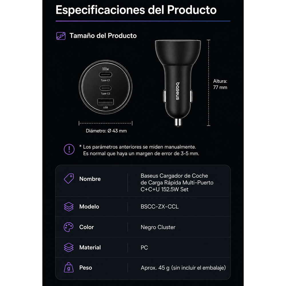 CARGADOR PARA AUTO BASEUS MULTIPUERTO 152.5W - 7