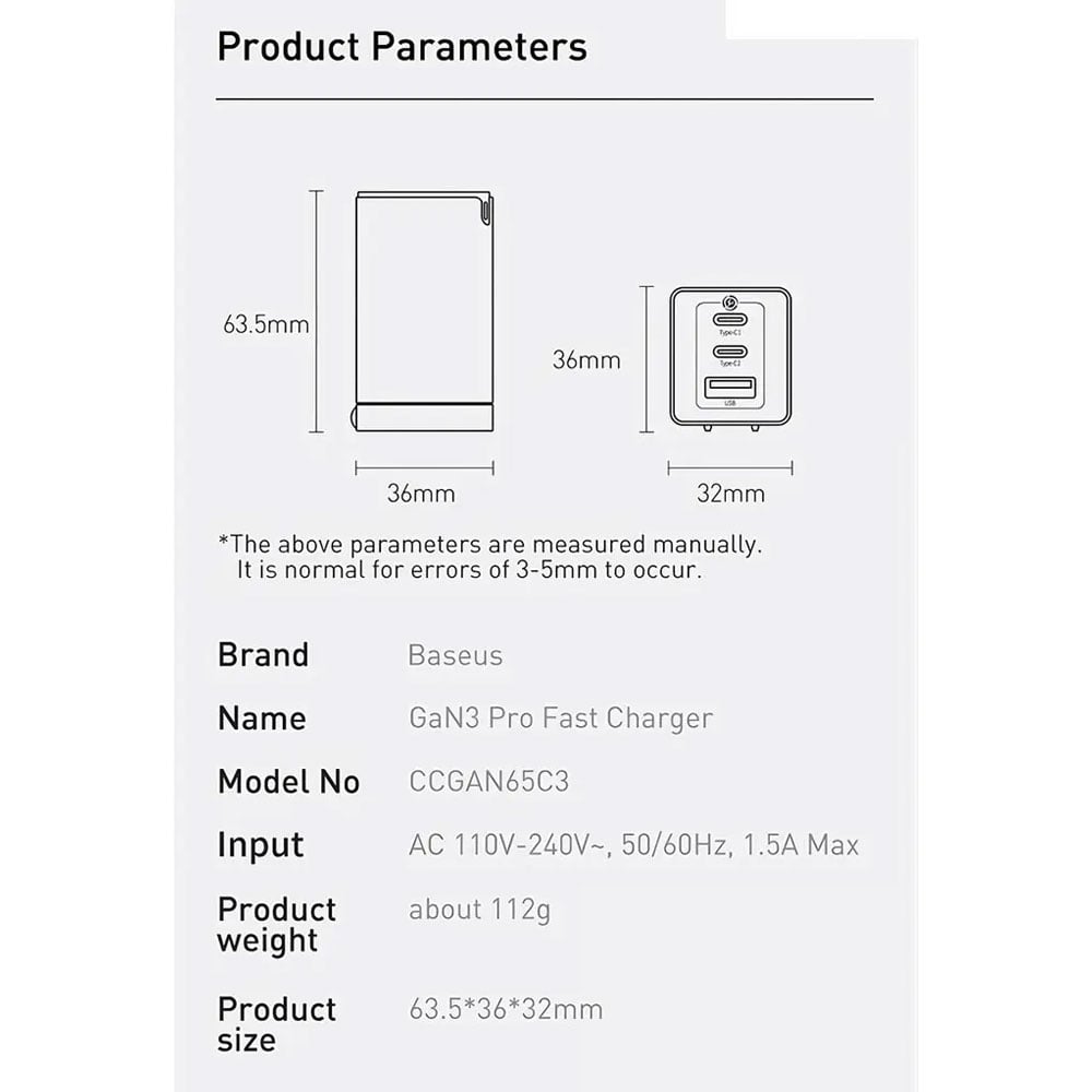 CARGADOR BASEUS GAN3 PRO 65W (FAST CHARGER) - 3