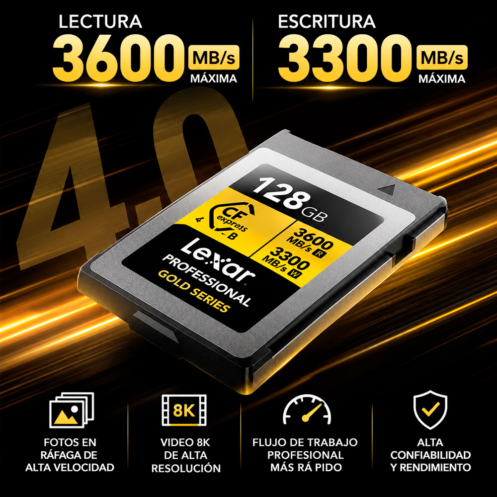 MEMORIA CFEXPRESS 4.0 LEXAR PROFESSIONAL 128GB TYPE B - GOLD SERIES - R:3600MB - W:3300MB - 2