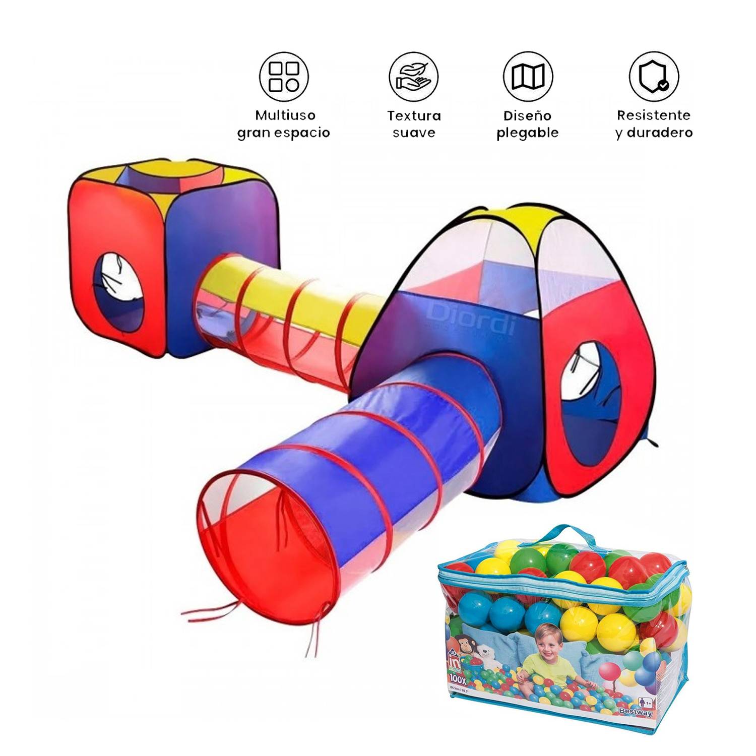 CARPA CIRCUITO 4 EN 1 DOBLE TÚNEL PARA NIÑOS + 100 PELOTAS - 1