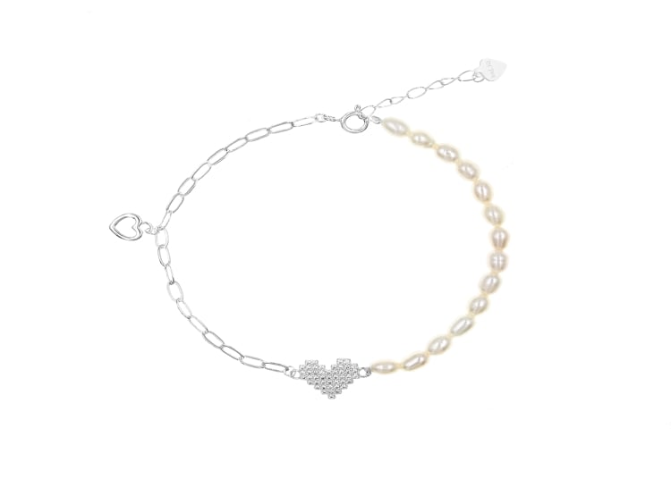 PULSERA DOS CORAZONES PERLA PLATA 925 - 1