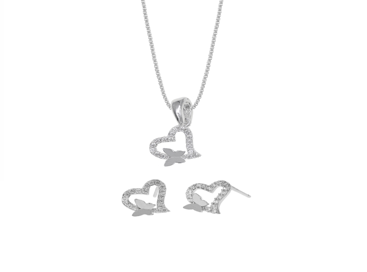 SET DE COLLAR Y ARETES CORAZÓN Y MARIPOSAS PLATA 925 - 1