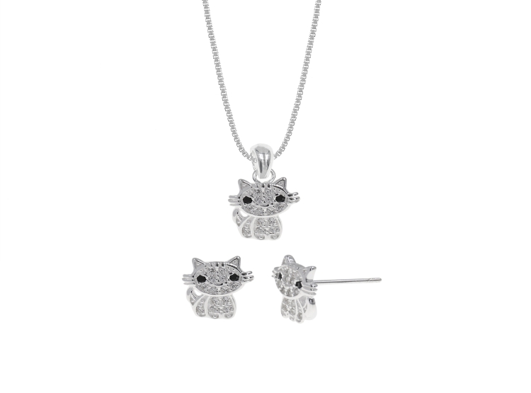 SET DE COLLAR Y ARETES GATO PLATA 925 - 1
