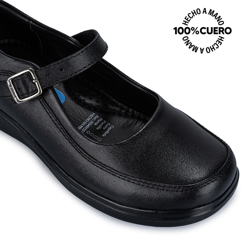ZAPATOS ESCOLARES NIÑA VIALE CUERO NEGRO MANA-057 BALLERINA CASUAL RABBIT - 3