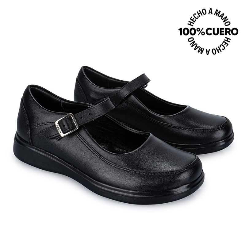 ZAPATOS ESCOLARES NIÑA VIALE CUERO NEGRO MANA-057 BALLERINA CASUAL RABBIT - 4