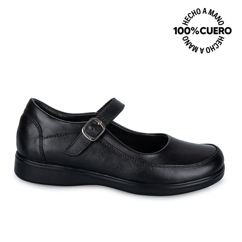 ZAPATOS ESCOLARES NIÑA VIALE CUERO NEGRO MANA-058 BALLERINA CASUAL RABBIT - 1