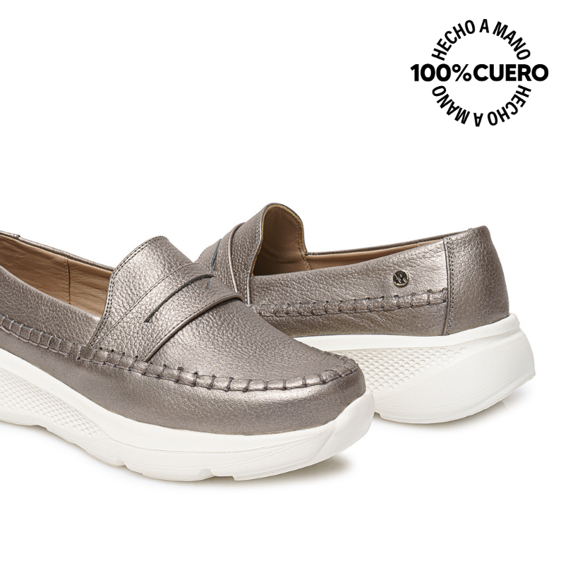 ZAPATO MOCASÍN CASUAL SHAM-2511 PLATA/QUEM VIALE CUERO - 2